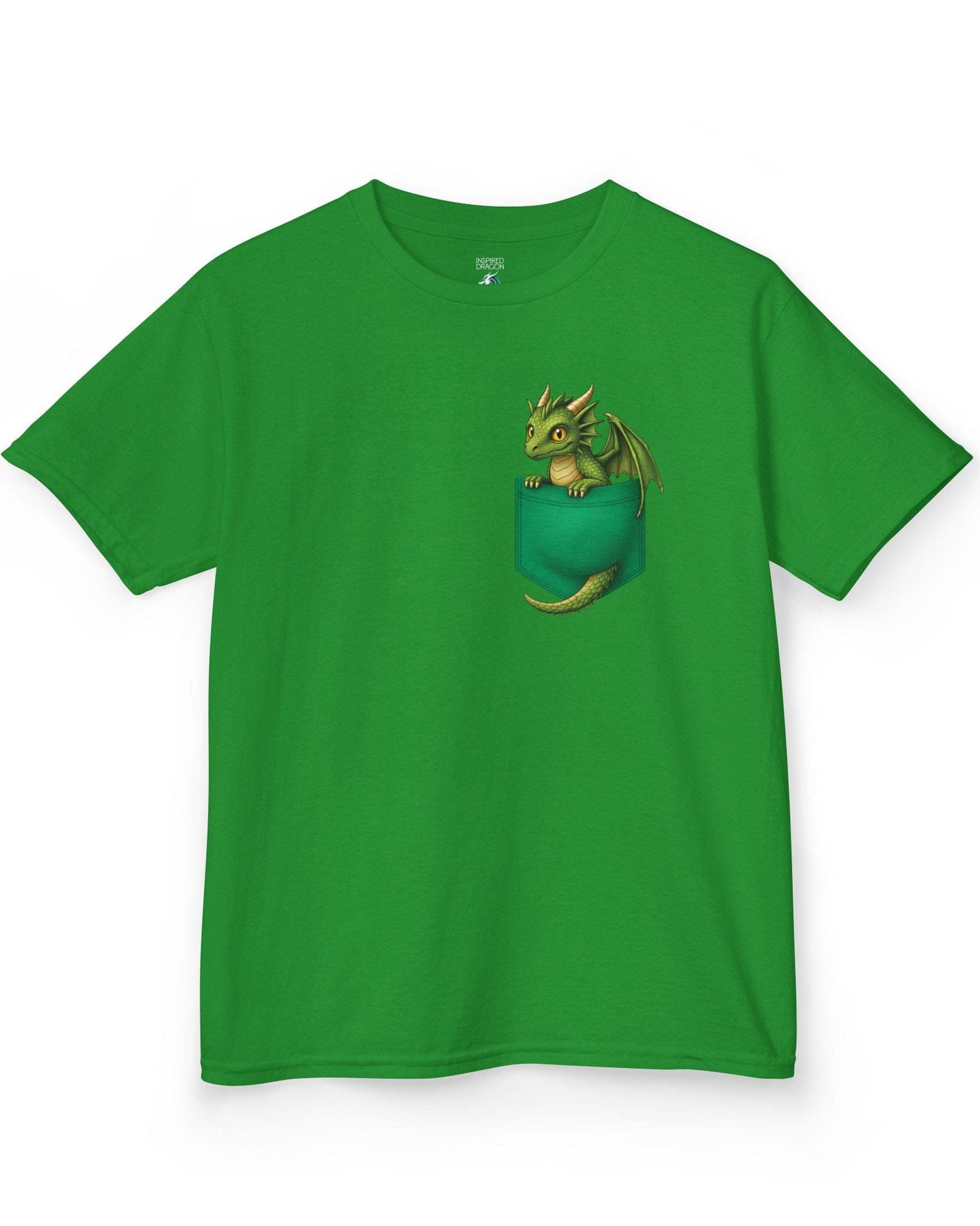 Green Pocket Dragon shirt in Irish green featuring a small green dragon peeking out of a faux pocket