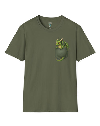 Green Pocket Dragon shirt in military green featuring a small green dragon peeking out of a faux pocket