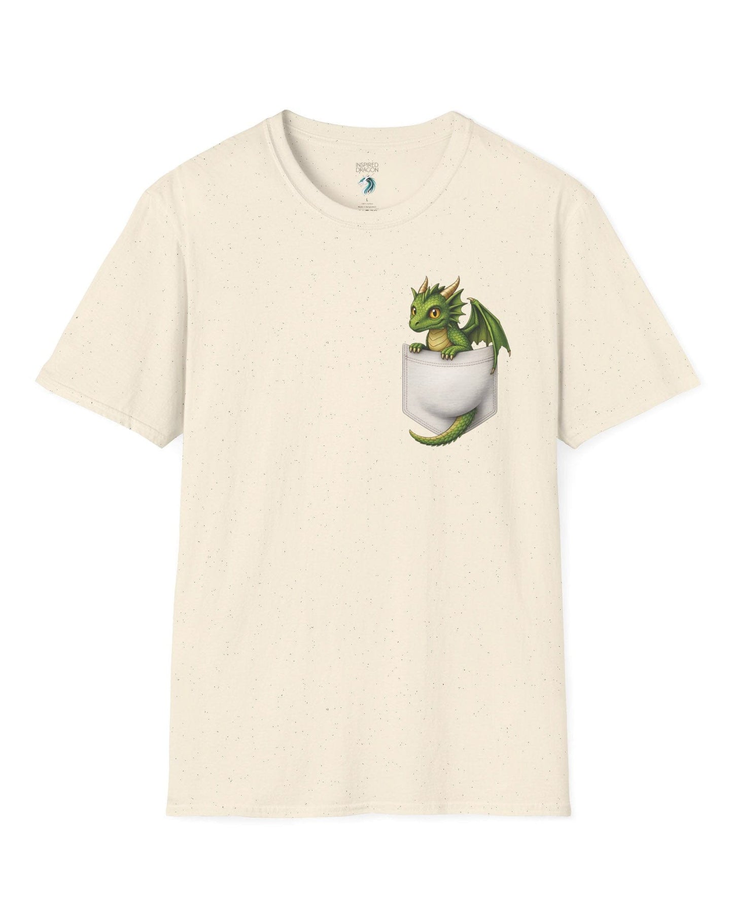 Green Pocket Dragon shirt in natural featuring a small green dragon peeking out of a faux pocket