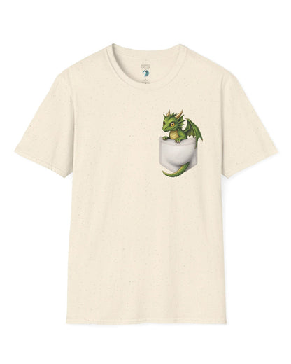Green Pocket Dragon shirt in natural featuring a small green dragon peeking out of a faux pocket