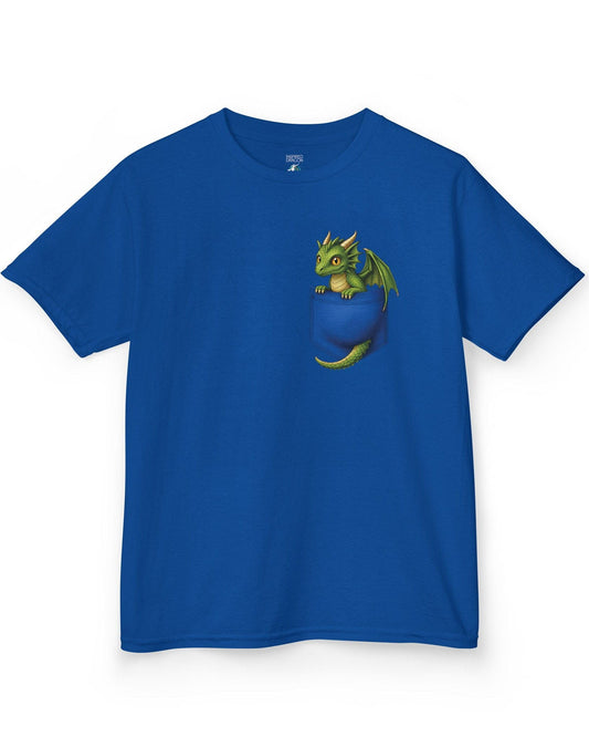 Green Pocket Dragon shirt in royal blue featuring a small green dragon peeking out of a faux pocket