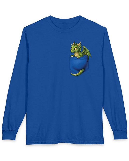 Green Pocket Dragon shirt in royal blue featuring a small green dragon peeking out of a faux pocket