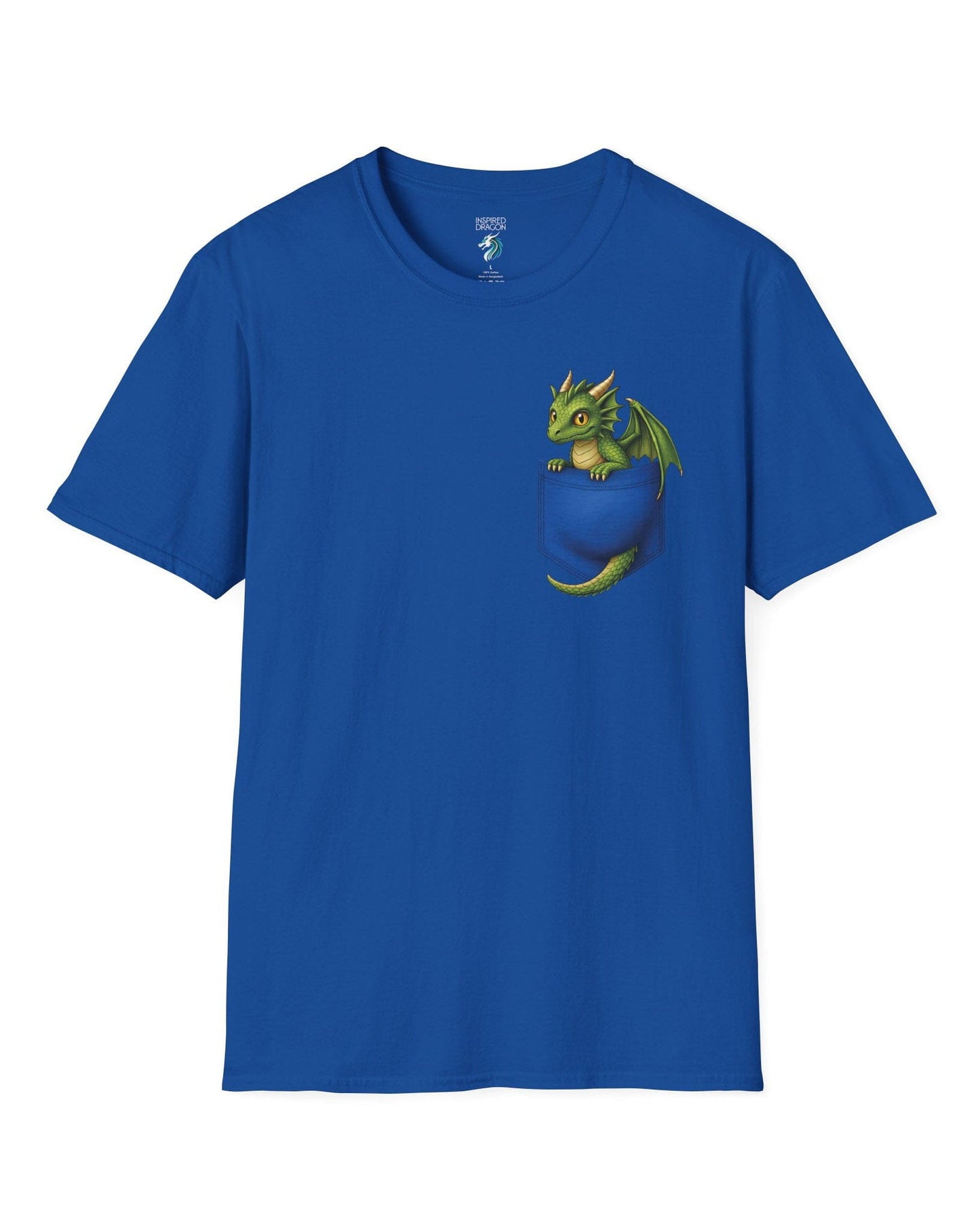 Green Pocket Dragon shirt in royal blue featuring a small green dragon peeking out of a faux pocket