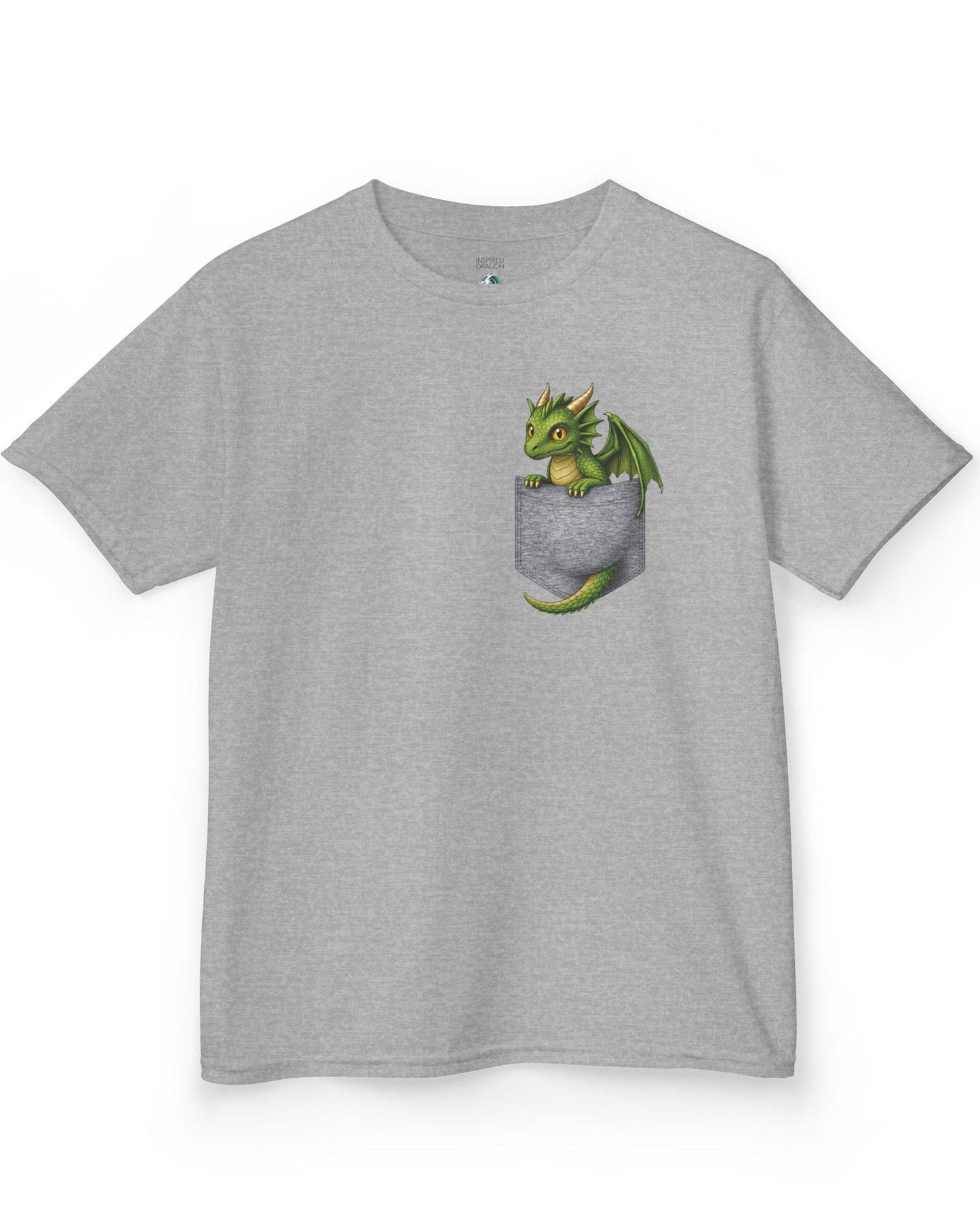 Green Pocket Dragon shirt in sport grey featuring a small green dragon peeking out of a faux pocket
