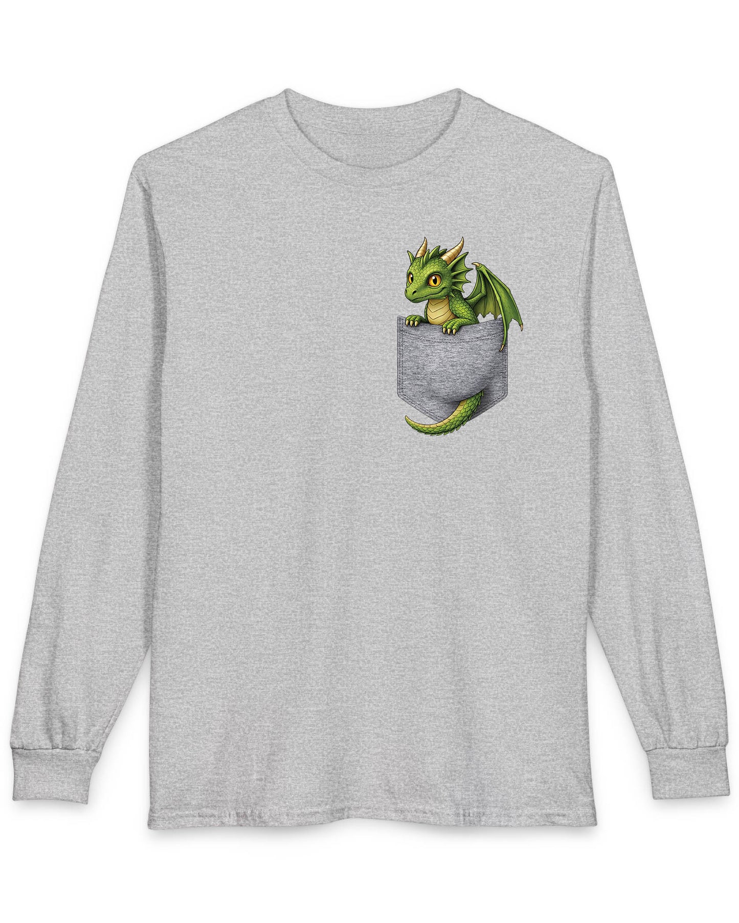 Green Pocket Dragon shirt in sport grey featuring a small green dragon peeking out of a faux pocket