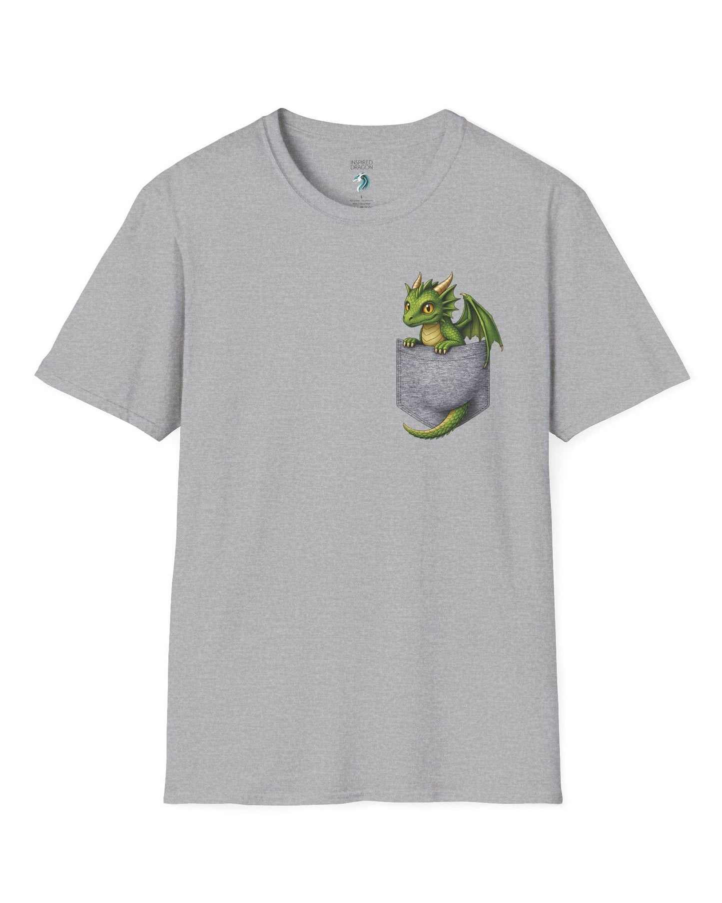 Green Pocket Dragon shirt in sport grey featuring a small green dragon peeking out of a faux pocket