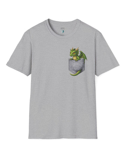 Green Pocket Dragon shirt in sport grey featuring a small green dragon peeking out of a faux pocket