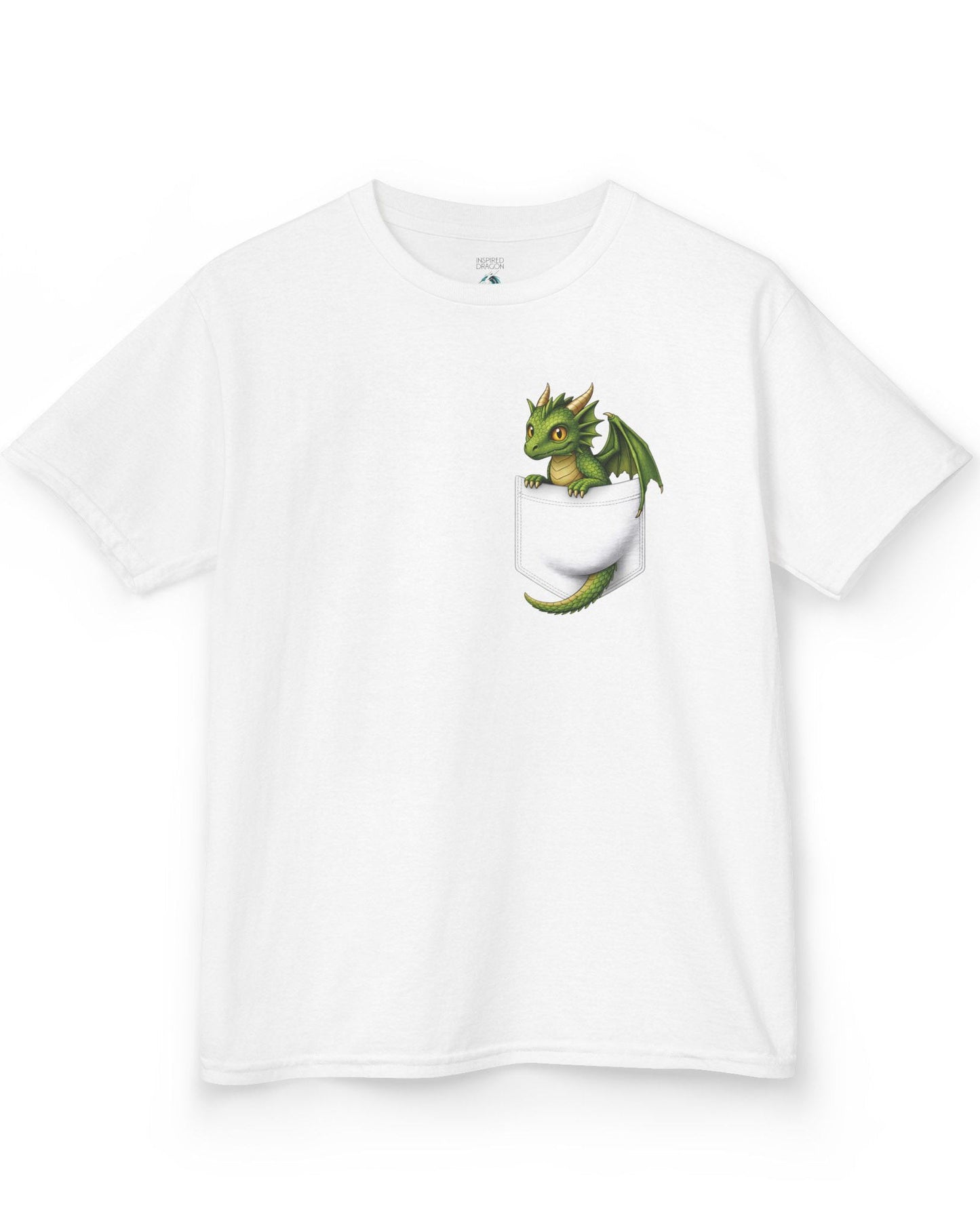 Green Pocket Dragon shirt in white featuring a small green dragon peeking out of a faux pocket