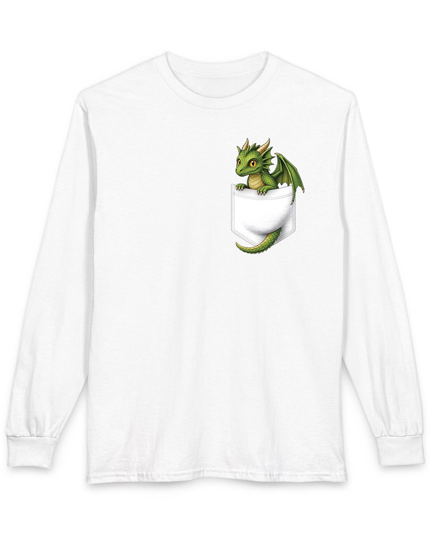 Green Pocket Dragon shirt in white featuring a small green dragon peeking out of a faux pocket