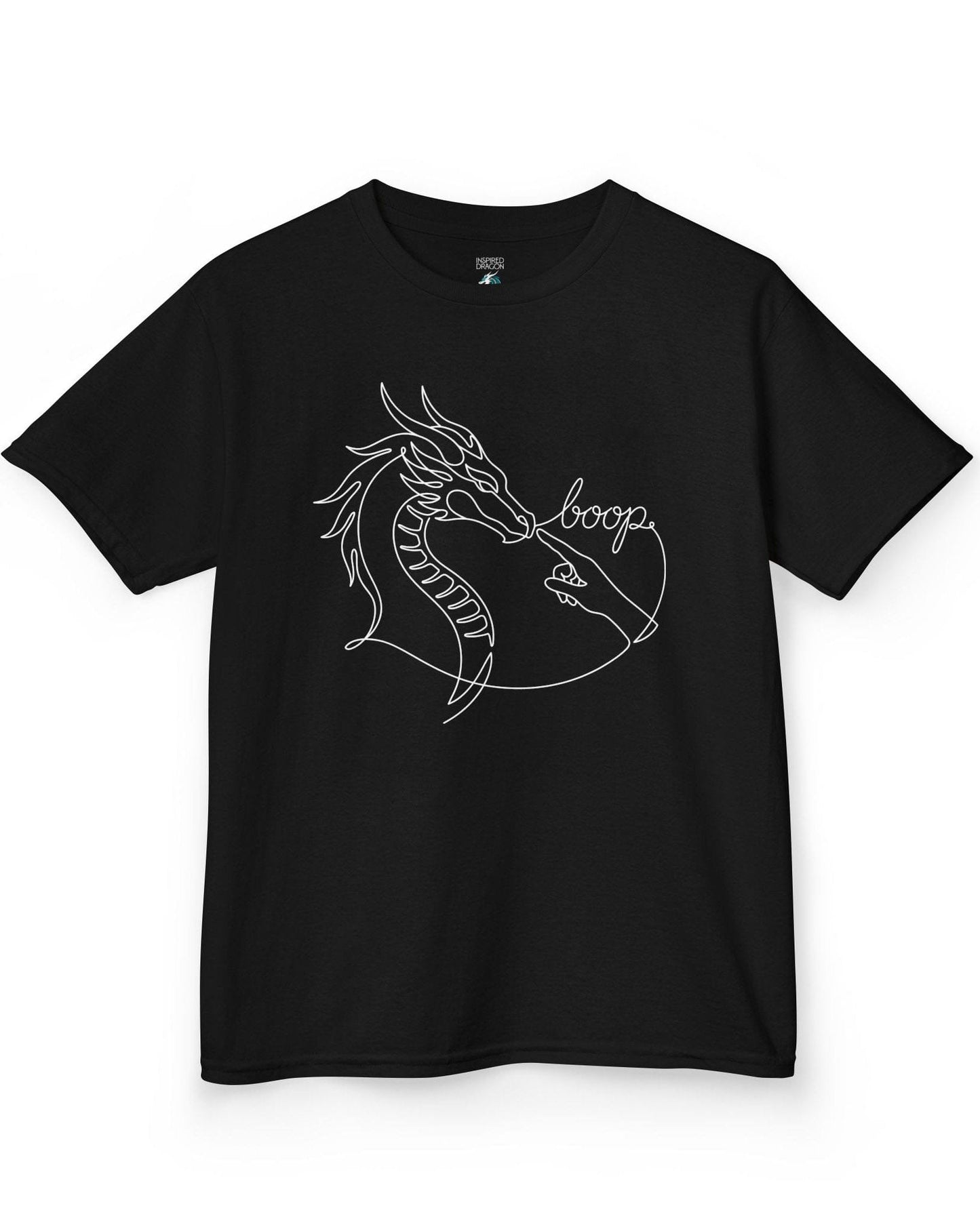Line Art Boop shirt in black featuring minimalist white line art of a dragon being booped on the nose by a hand