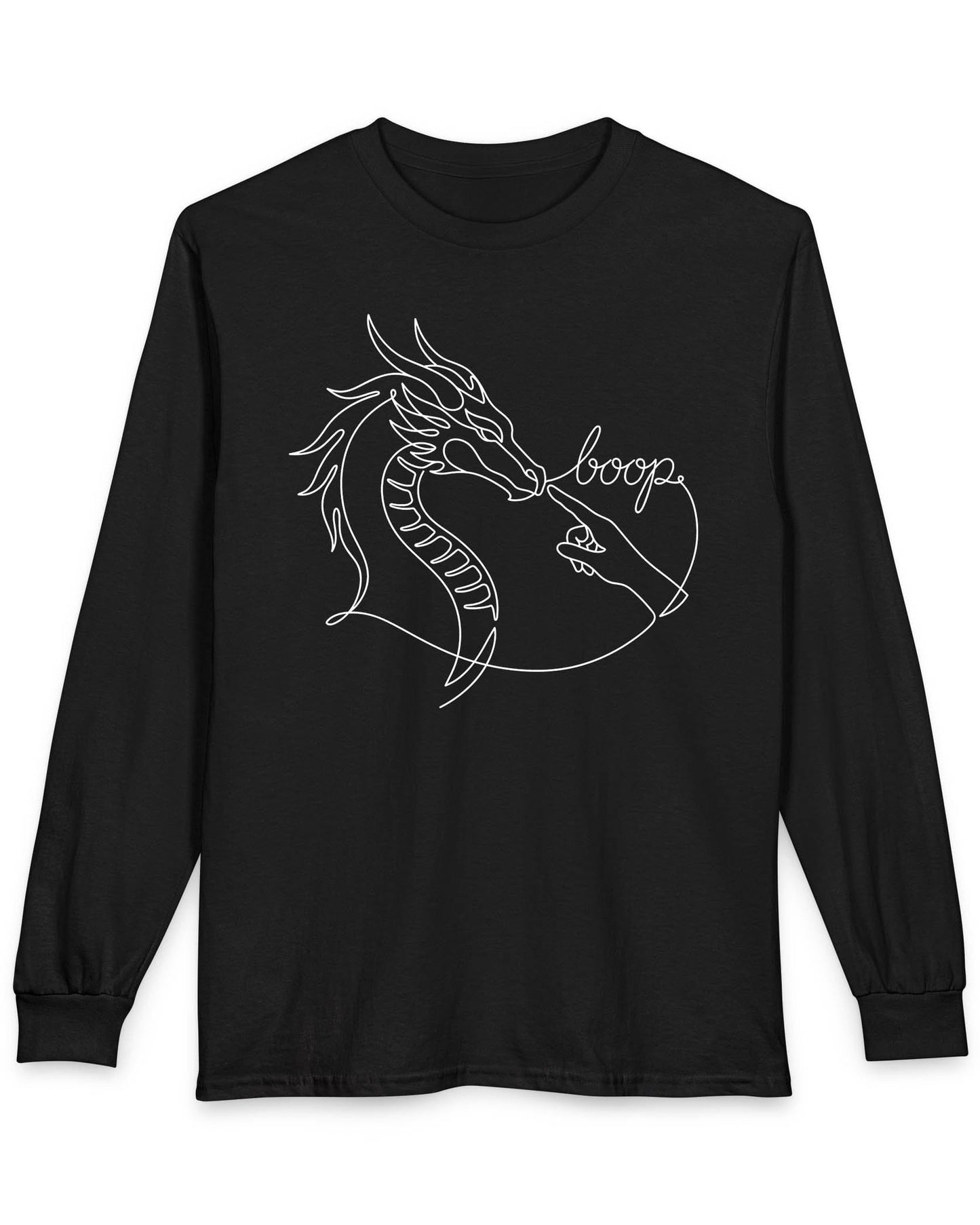Line Art Boop shirt in black featuring minimalist white line art of a dragon being booped on the nose by a hand