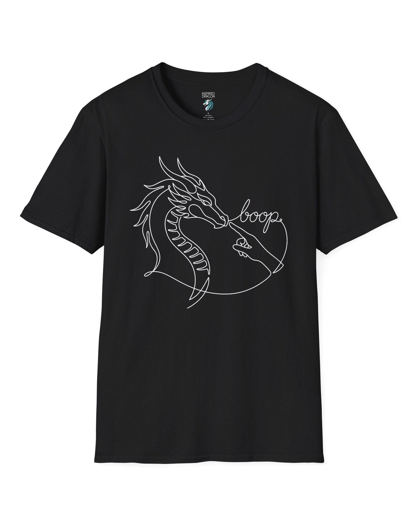 Line Art Boop shirt in black featuring minimalist white line art of a dragon being booped on the nose by a hand