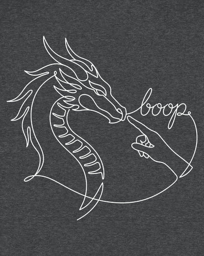 Line Art Boop shirt in dark heather featuring minimalist white line art of a dragon being booped on the nose by a hand