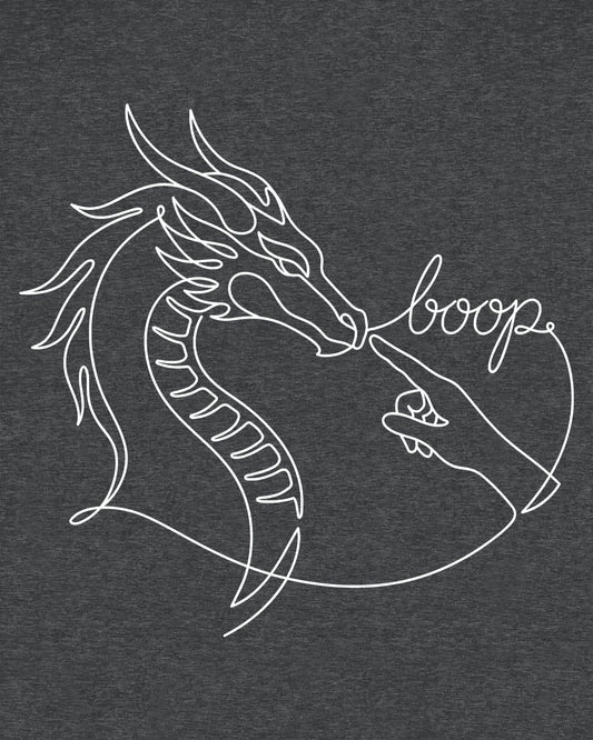 Line Art Boop shirt in dark heather featuring minimalist white line art of a dragon being booped on the nose by a hand