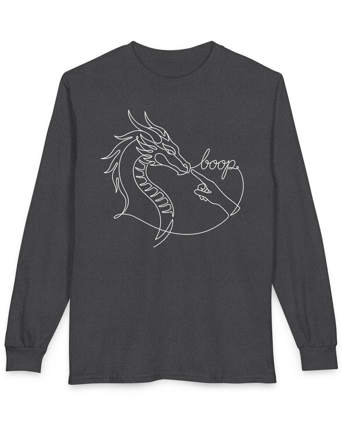 Line Art Boop shirt in dark heather featuring minimalist white line art of a dragon being booped on the nose by a hand