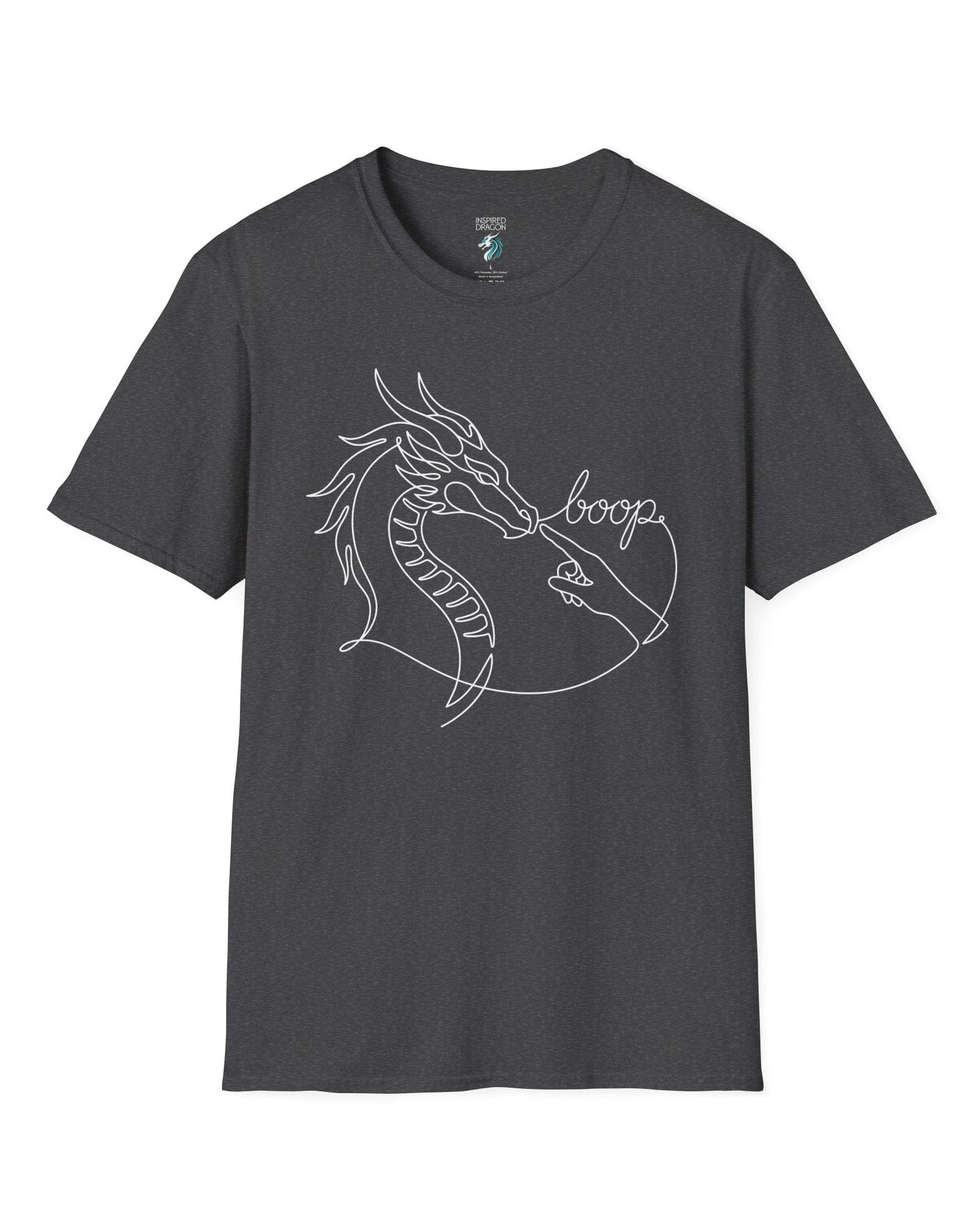 Line Art Boop shirt in dark heather featuring minimalist white line art of a dragon being booped on the nose by a hand