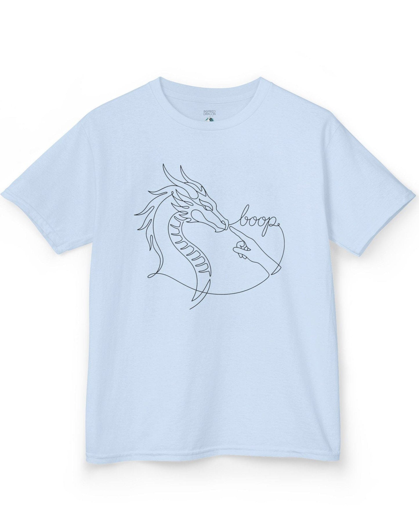 Line Art Boop shirt in light blue featuring minimalist white line art of a dragon being booped on the nose by a hand
