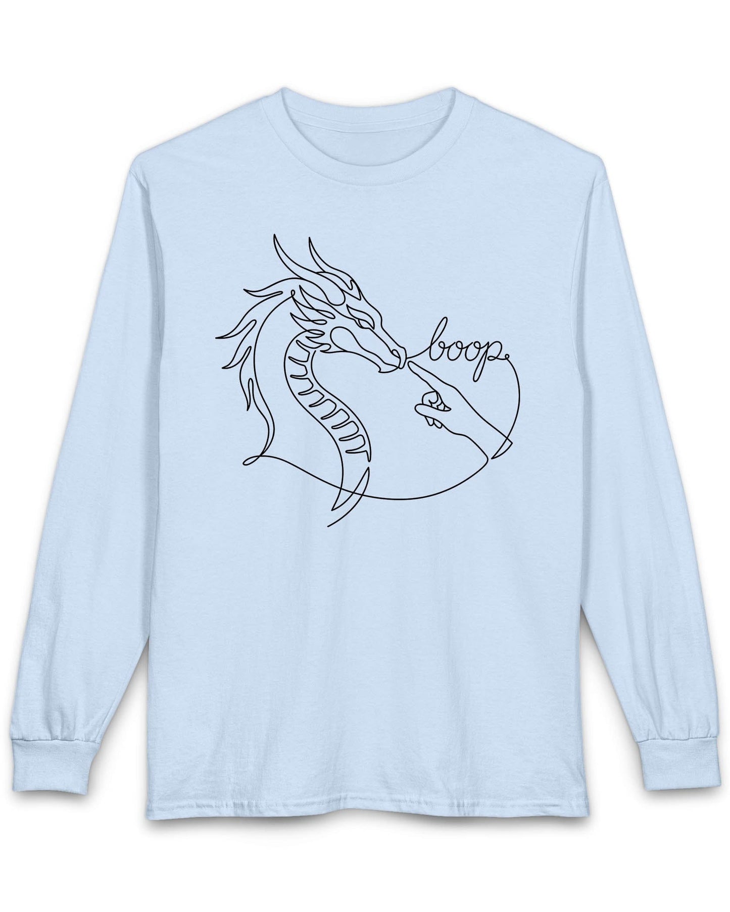 Line Art Boop shirt in light blue featuring minimalist white line art of a dragon being booped on the nose by a hand