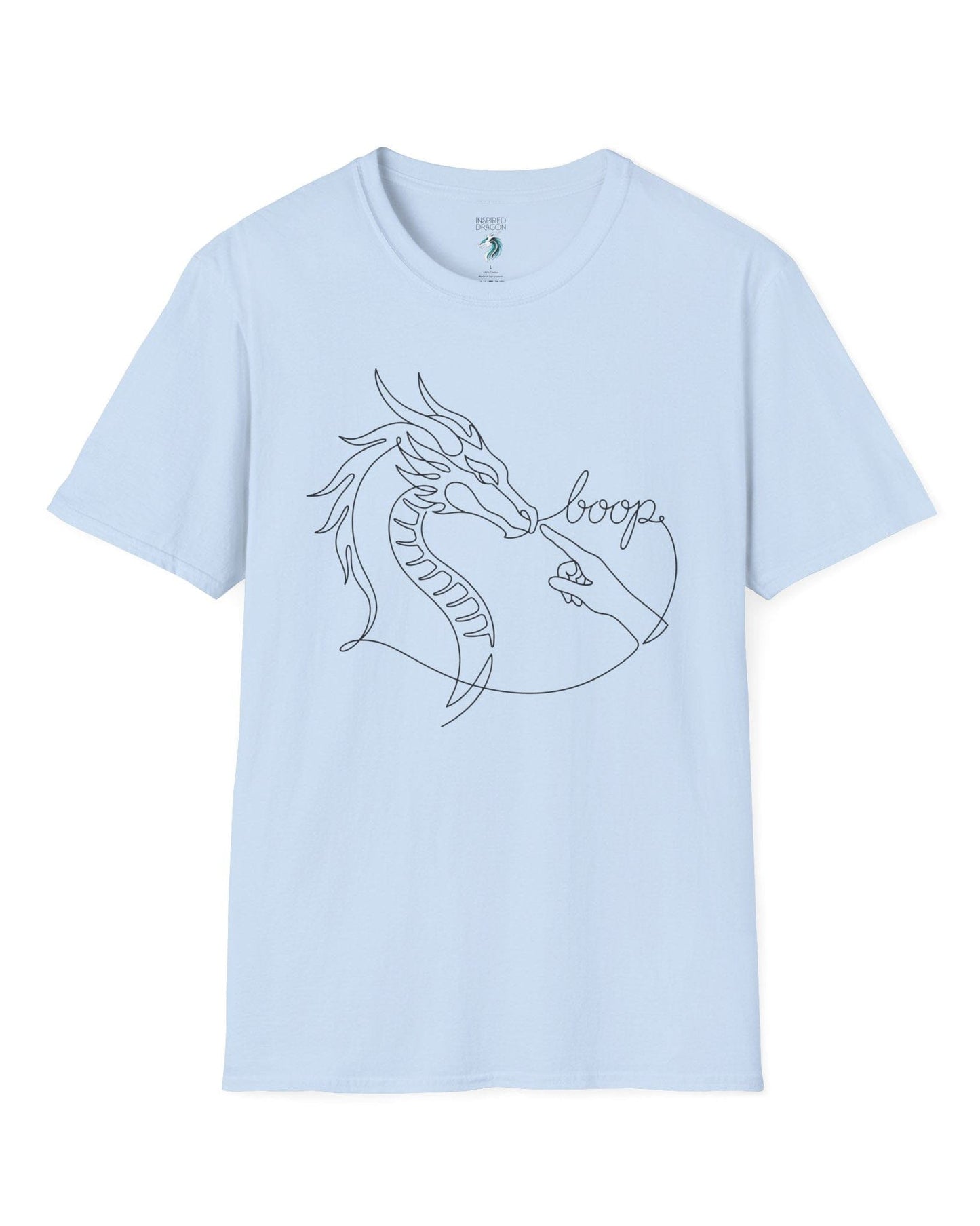 Line Art Boop shirt in light blue featuring minimalist white line art of a dragon being booped on the nose by a hand