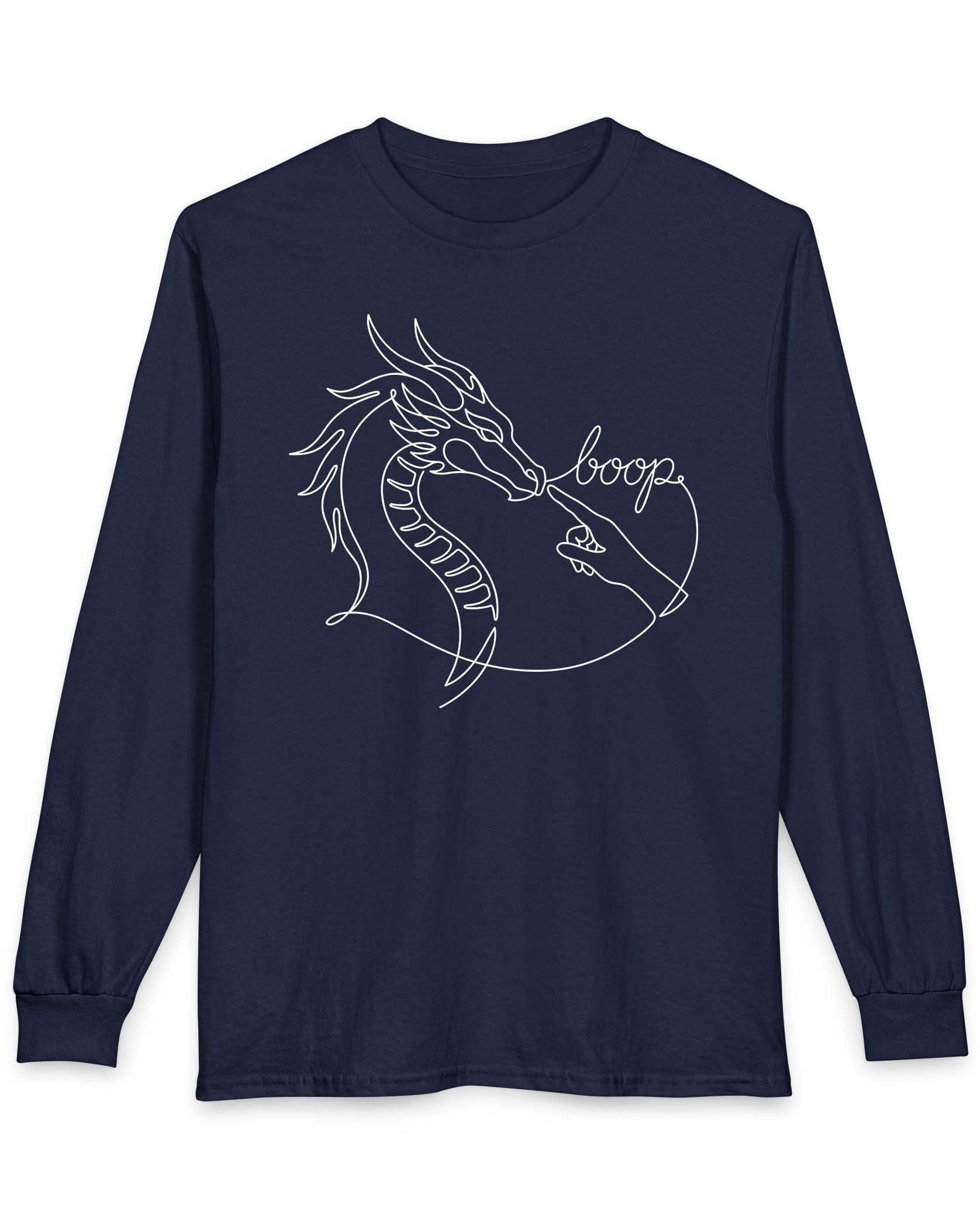 Line Art Boop shirt in navy featuring minimalist white line art of a dragon being booped on the nose by a hand