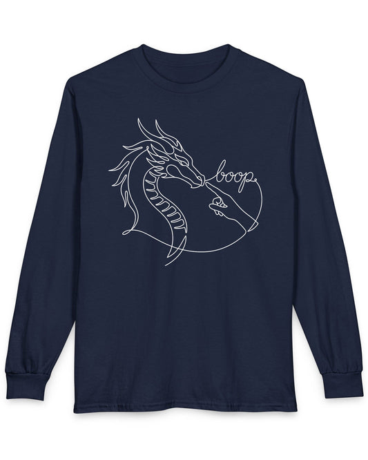 Line Art Boop shirt in navy featuring minimalist white line art of a dragon being booped on the nose by a hand