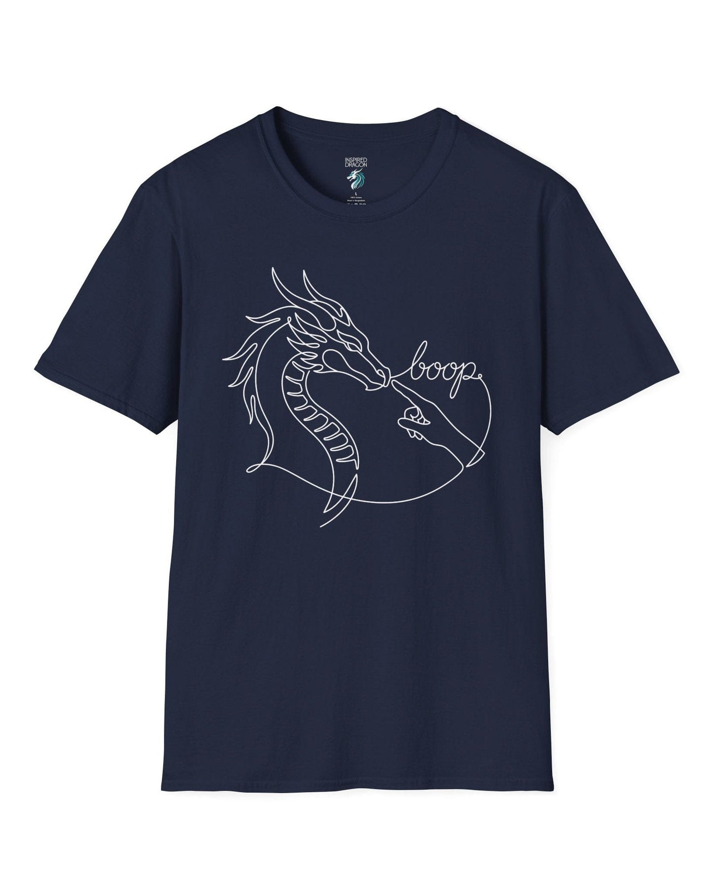 Line Art Boop shirt in navy featuring minimalist white line art of a dragon being booped on the nose by a hand