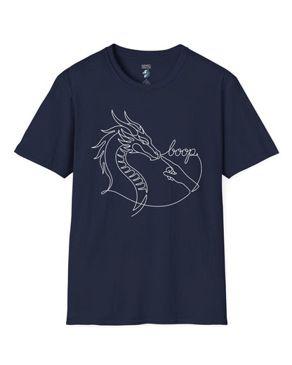 Line Art Boop shirt in navy featuring minimalist white line art of a dragon being booped on the nose by a hand
