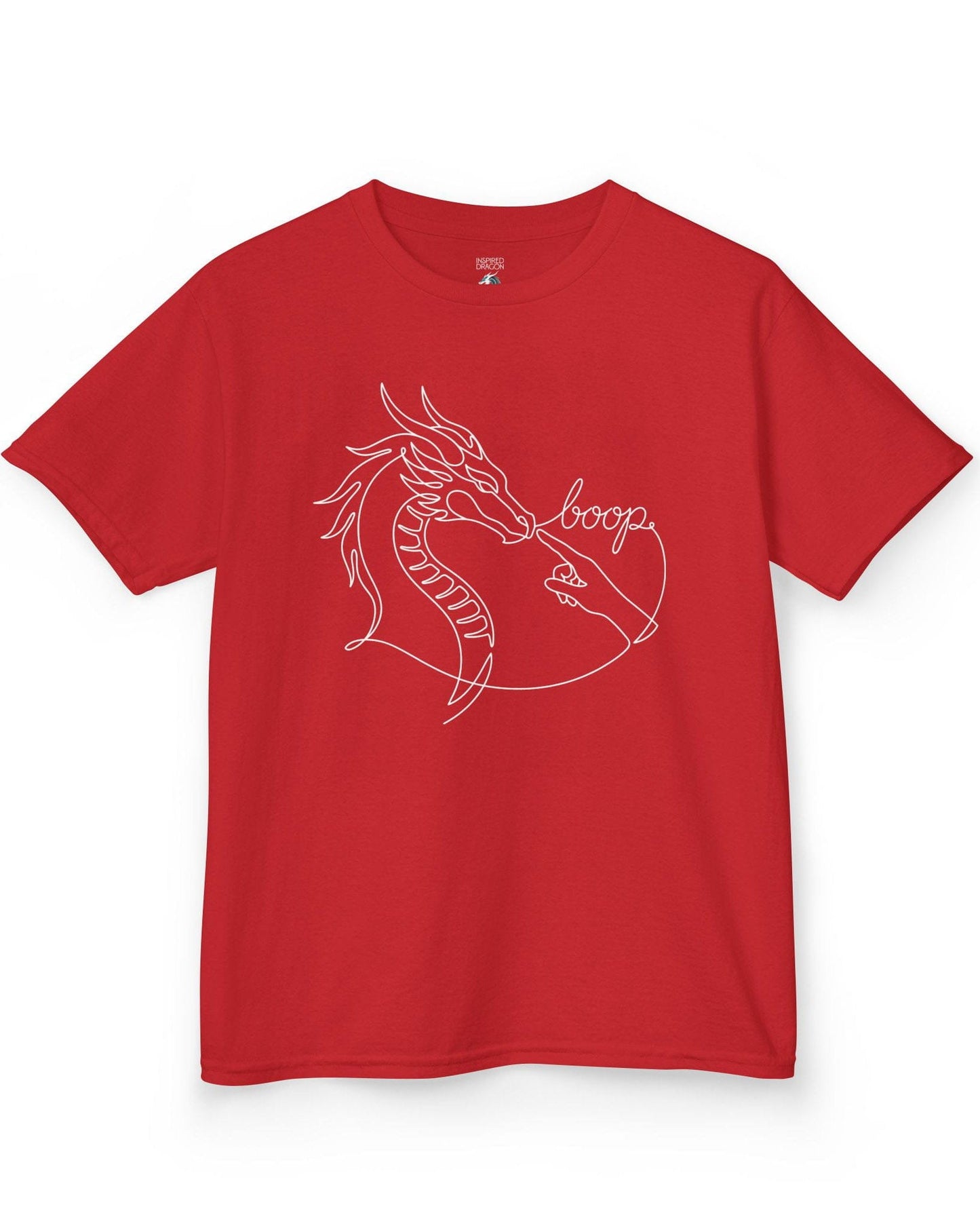 Line Art Boop shirt in red featuring minimalist white line art of a dragon being booped on the nose by a hand
