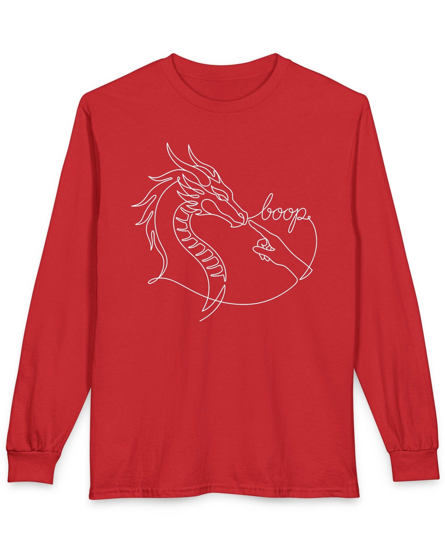 Line Art Boop shirt in red featuring minimalist white line art of a dragon being booped on the nose by a hand