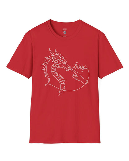 Line Art Boop shirt in red featuring minimalist white line art of a dragon being booped on the nose by a hand