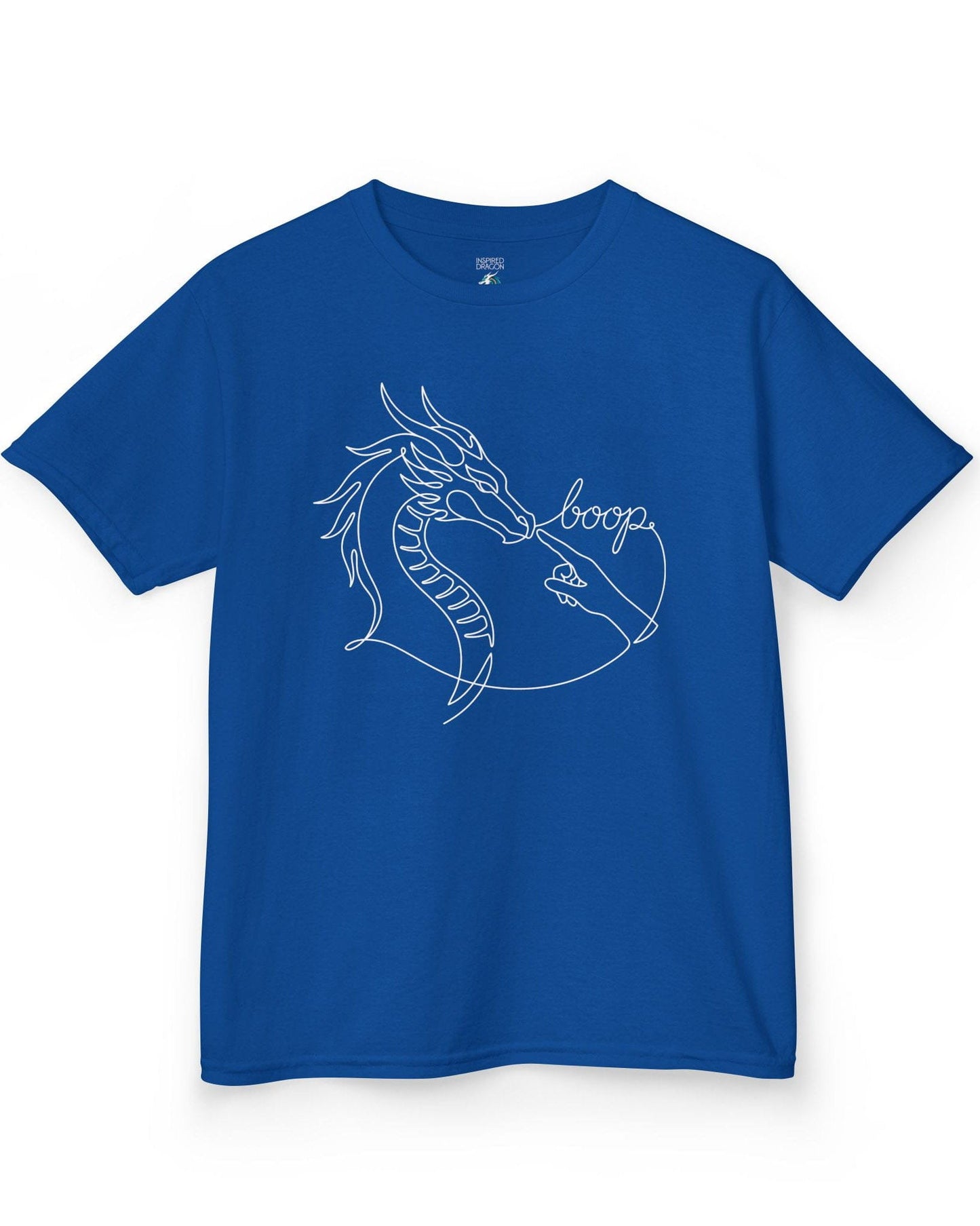 Line Art Boop shirt in royal blue featuring minimalist white line art of a dragon being booped on the nose by a hand