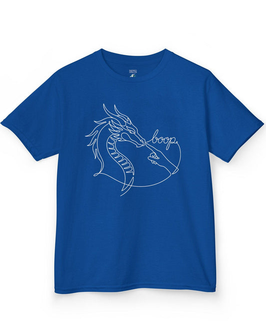 Line Art Boop shirt in royal blue featuring minimalist white line art of a dragon being booped on the nose by a hand