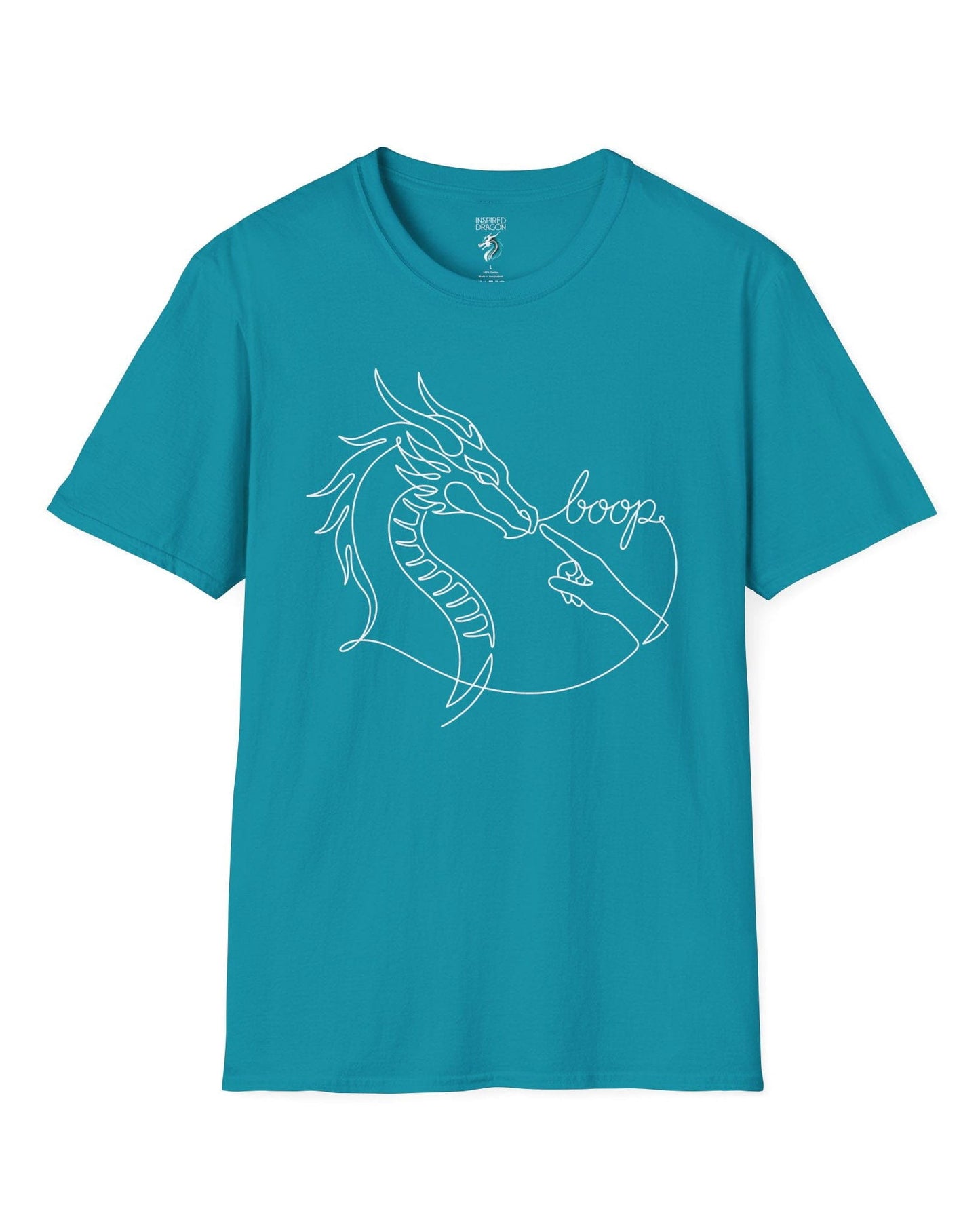 Line Art Boop shirt in tropical blue featuring minimalist white line art of a dragon being booped on the nose by a hand