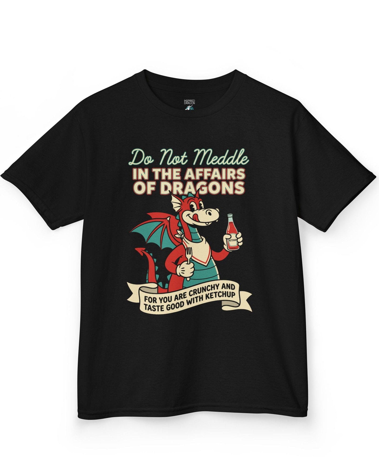 Do Not Meddle Classic Diner shirt in black featuring a cheerful dragon with ketchup and fork with a warning phrase