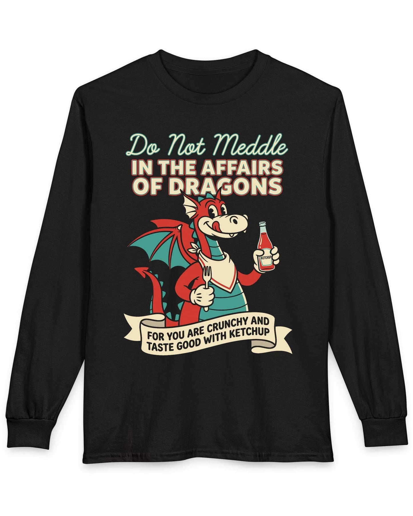 Do Not Meddle Classic Diner shirt in black featuring a cheerful dragon with ketchup and fork with a warning phrase