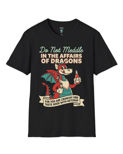 Do Not Meddle Classic Diner shirt in black featuring a cheerful dragon with ketchup and fork with a warning phrase