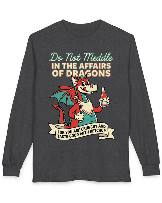 Do Not Meddle Classic Diner shirt in dark heather featuring a cheerful dragon with ketchup and fork with a warning phrase