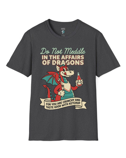 Do Not Meddle Classic Diner shirt in dark heather featuring a cheerful dragon with ketchup and fork with a warning phrase
