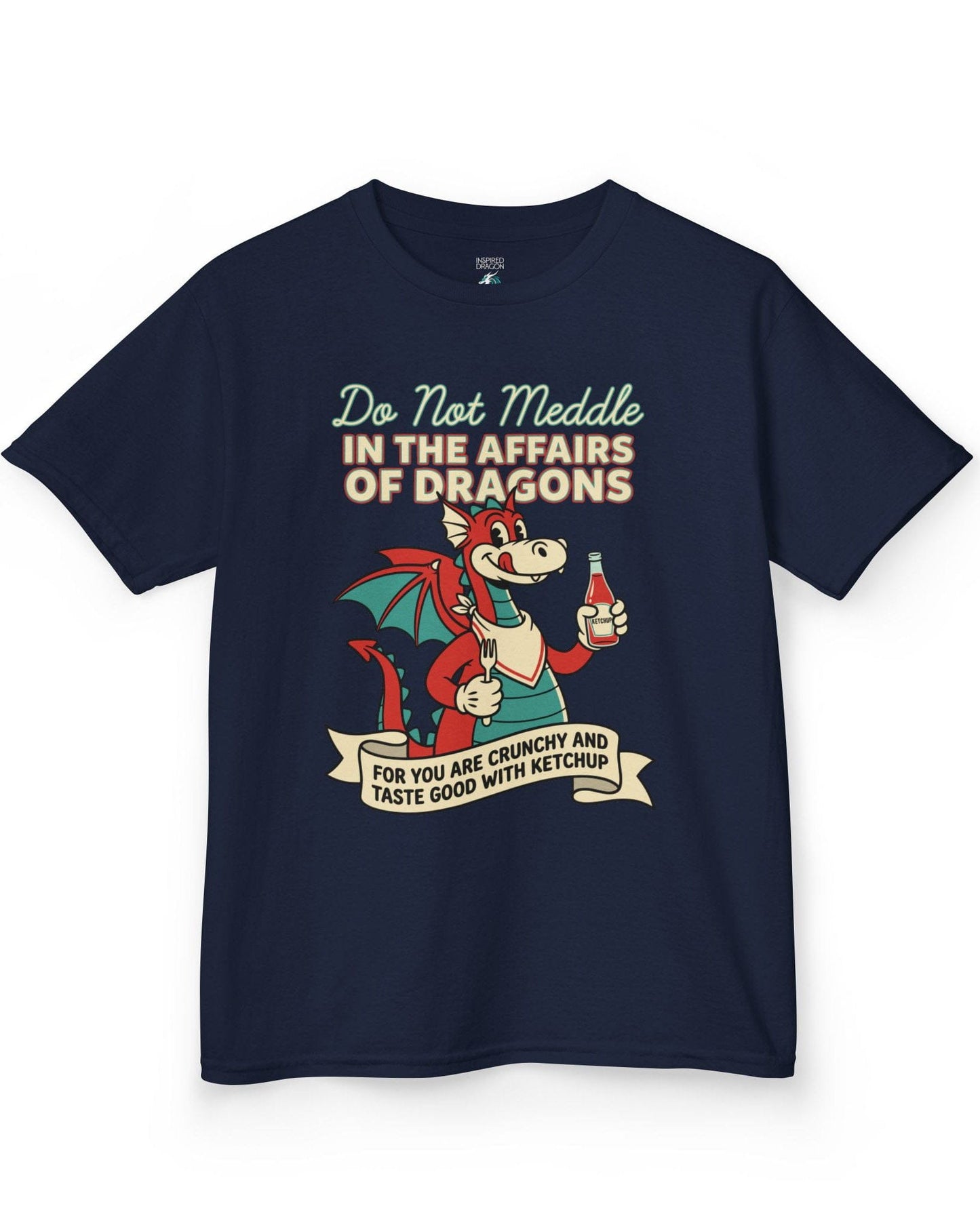 Do Not Meddle Classic Diner shirt in navy featuring a cheerful dragon with ketchup and fork with a warning phrase