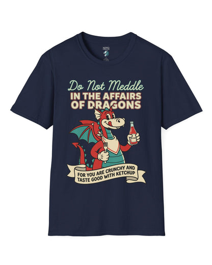 Do Not Meddle Classic Diner shirt in navy featuring a cheerful dragon with ketchup and fork with a warning phrase