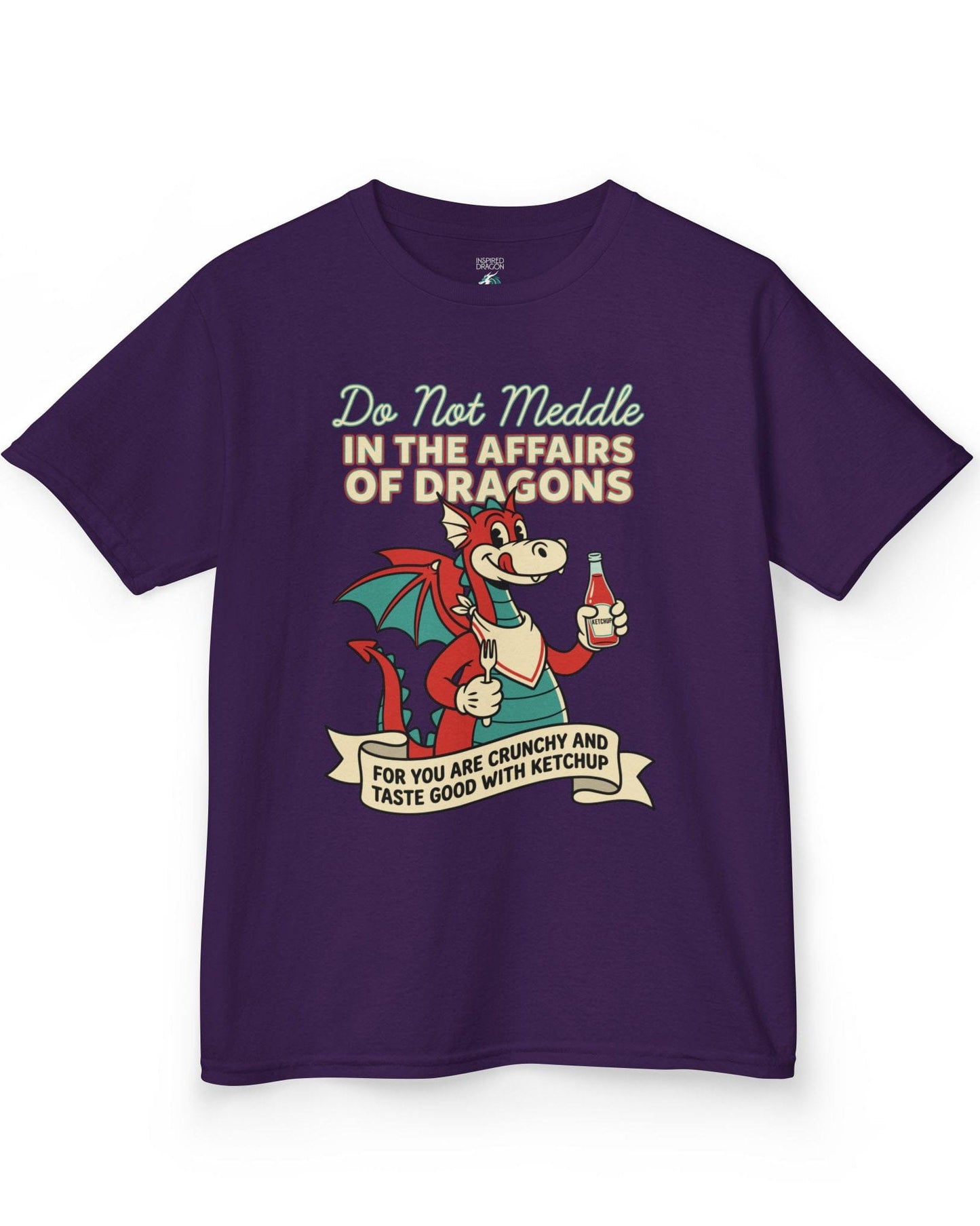 Do Not Meddle Classic Diner shirt in purple featuring a cheerful dragon with ketchup and fork with a warning phrase