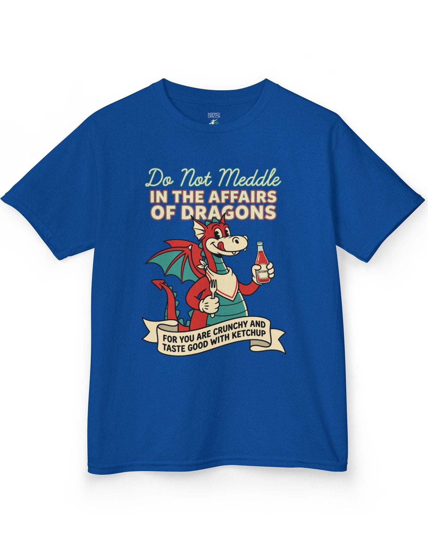 Do Not Meddle Classic Diner shirt in royal blue featuring a cheerful dragon with ketchup and fork with a warning phrase