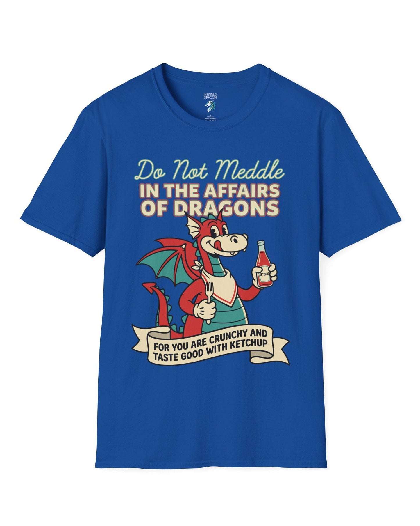 Do Not Meddle Classic Diner shirt in royal blue featuring a cheerful dragon with ketchup and fork with a warning phrase