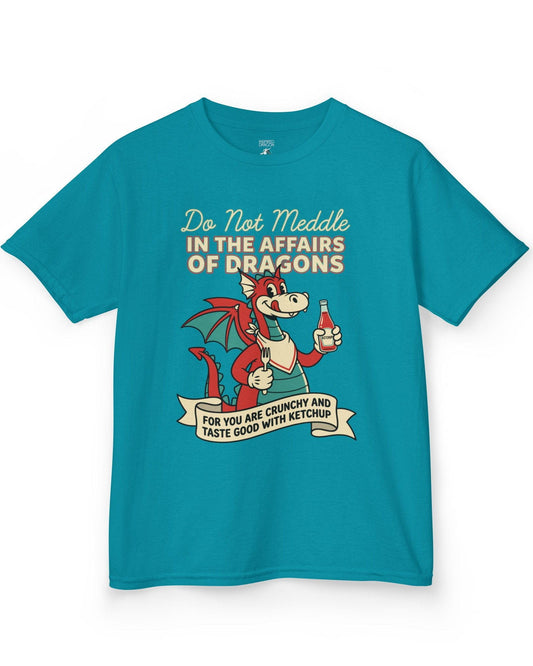 Do Not Meddle Classic Diner shirt in tropical blue featuring a cheerful dragon with ketchup and fork with a warning phrase