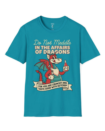Do Not Meddle Classic Diner shirt in tropical blue featuring a cheerful dragon with ketchup and fork with a warning phrase