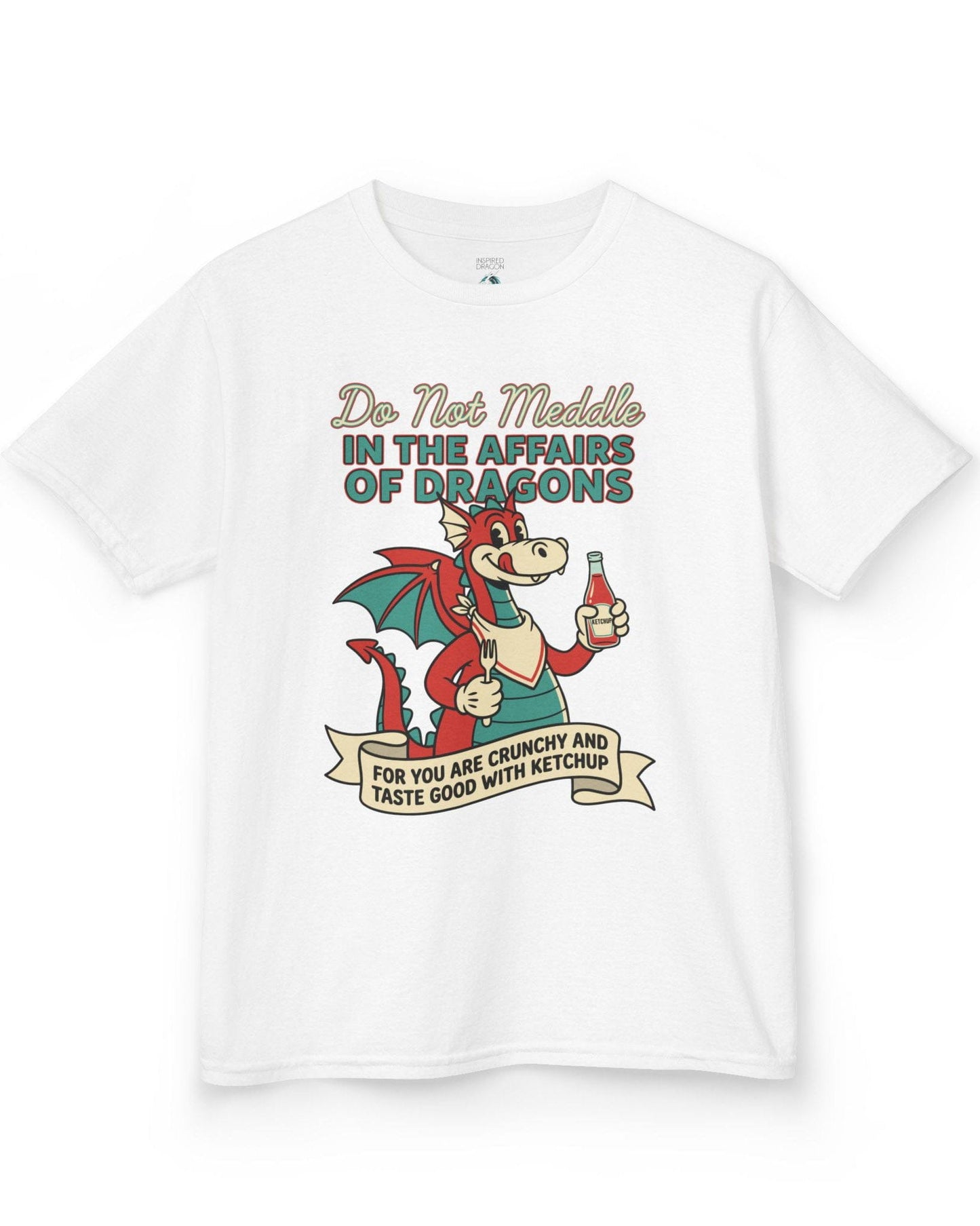 Do Not Meddle Classic Diner shirt in white featuring a cheerful dragon with ketchup and fork with a warning phrase
