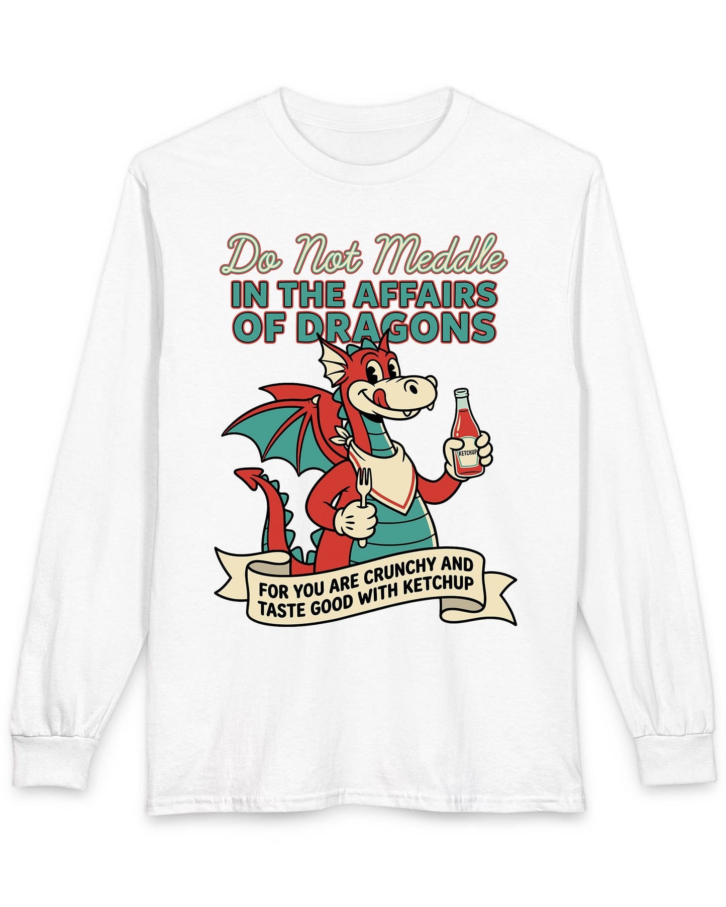 Do Not Meddle Classic Diner shirt in white featuring a cheerful dragon with ketchup and fork with a warning phrase