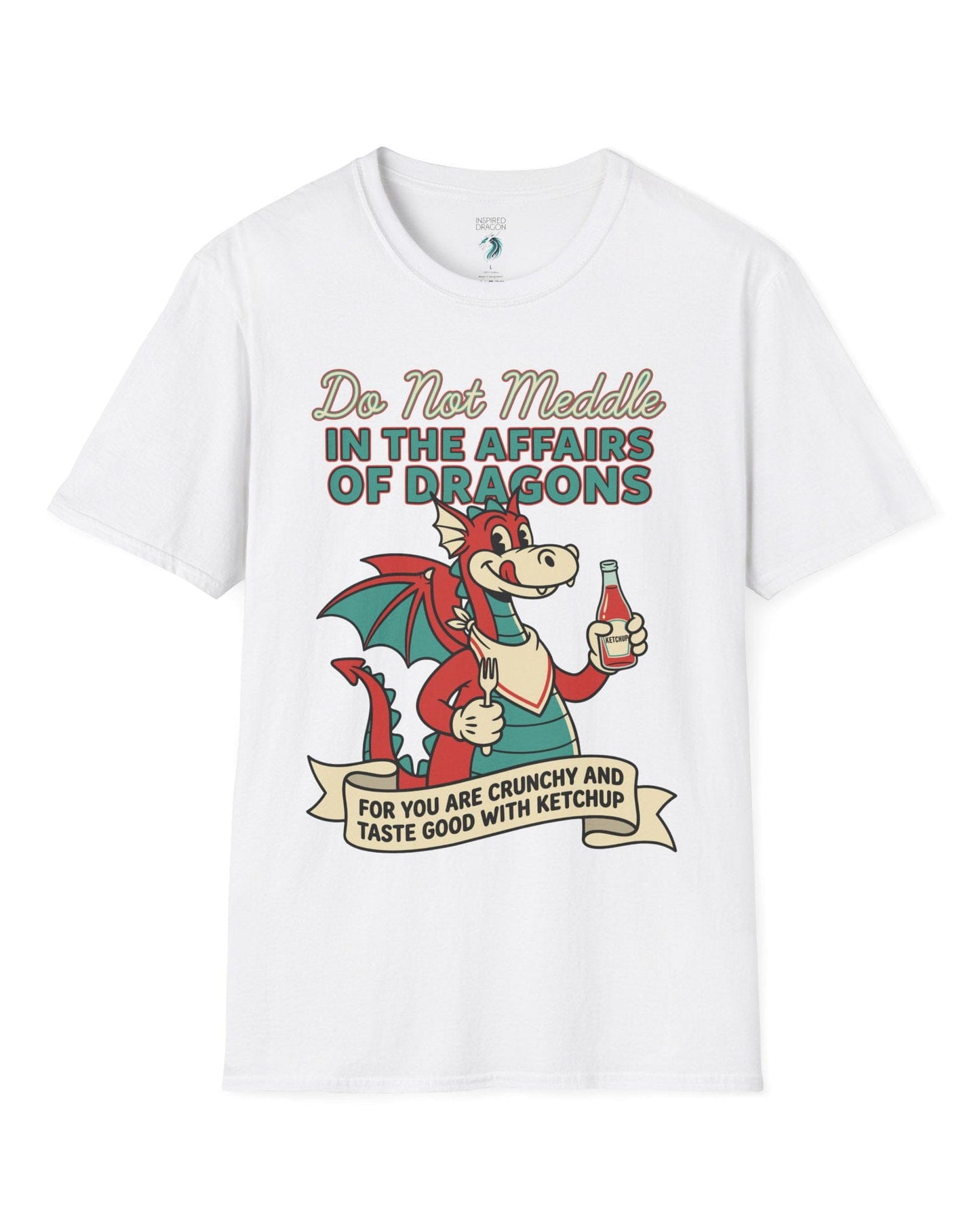 Do Not Meddle Classic Diner shirt in white featuring a cheerful dragon with ketchup and fork with a warning phrase
