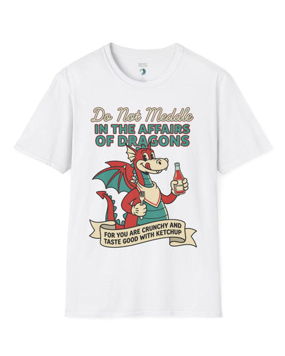 Do Not Meddle Classic Diner shirt in white featuring a cheerful dragon with ketchup and fork with a warning phrase