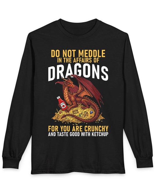 Do Not Meddle Hoard shirt in black featuring a treasure-guarding dragon with ketchup with the classic warning phrase